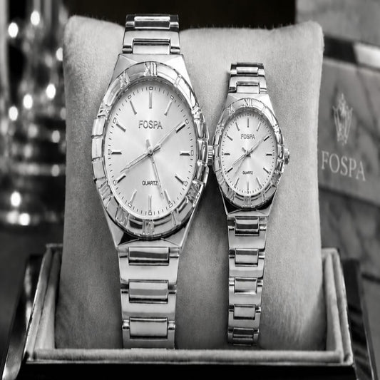 FOSPA Classic Silver Couple Watches – Premium Metallic Pair Set
