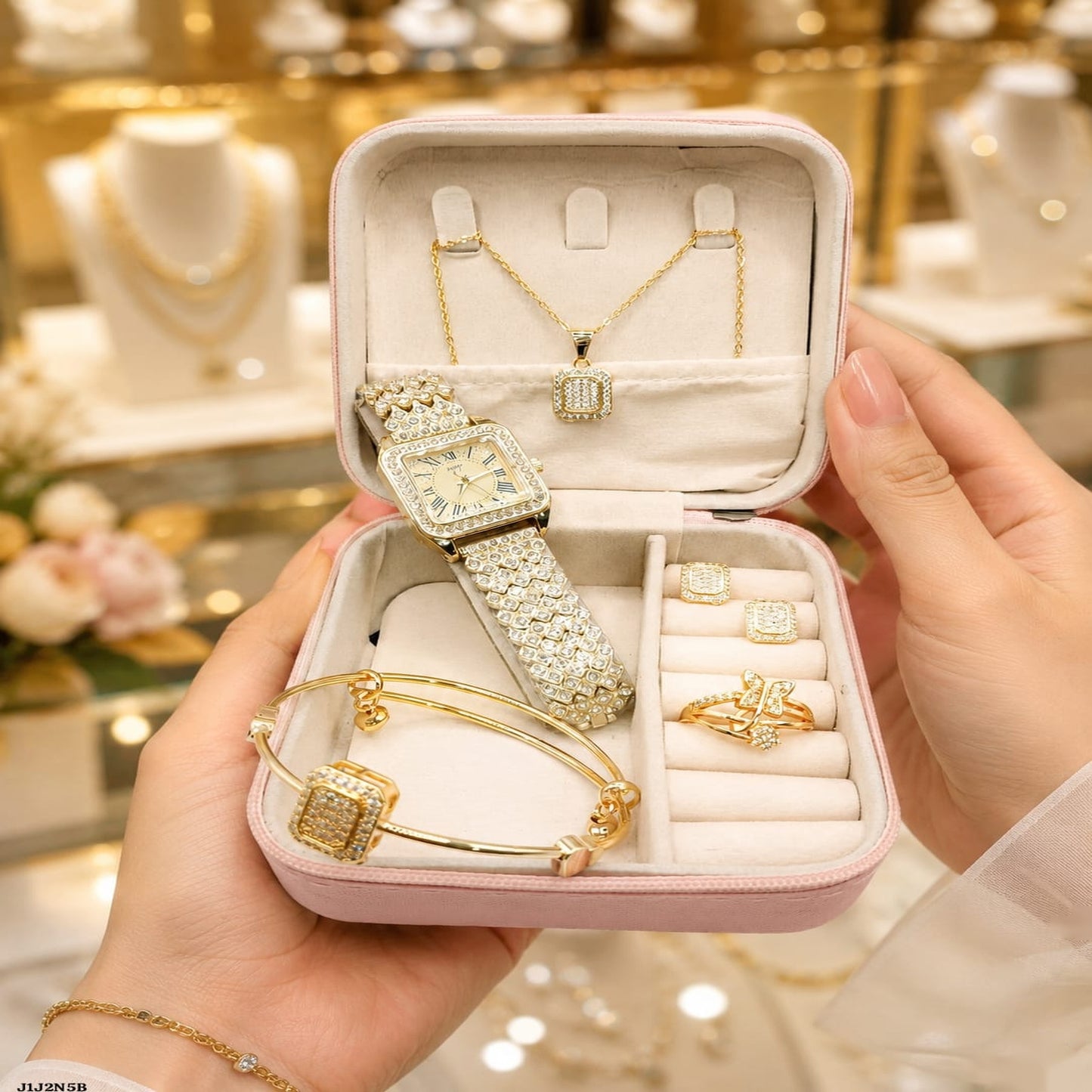 Royal 5-Piece Women's Diamond-Cut Gold Watch & Jewelry Gift Set – Full Crystal Edition (with Premium Pink Box)