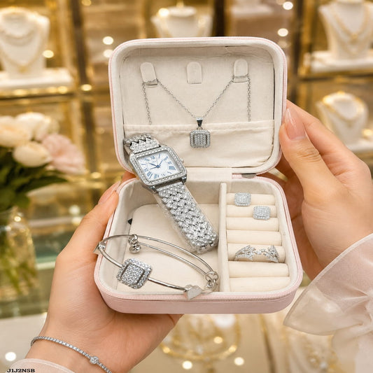 Royal 5-Piece Women's Diamond-Cut Silver Watch & Jewelry Gift Set – Full Crystal Edition (with Premium Pink Box)