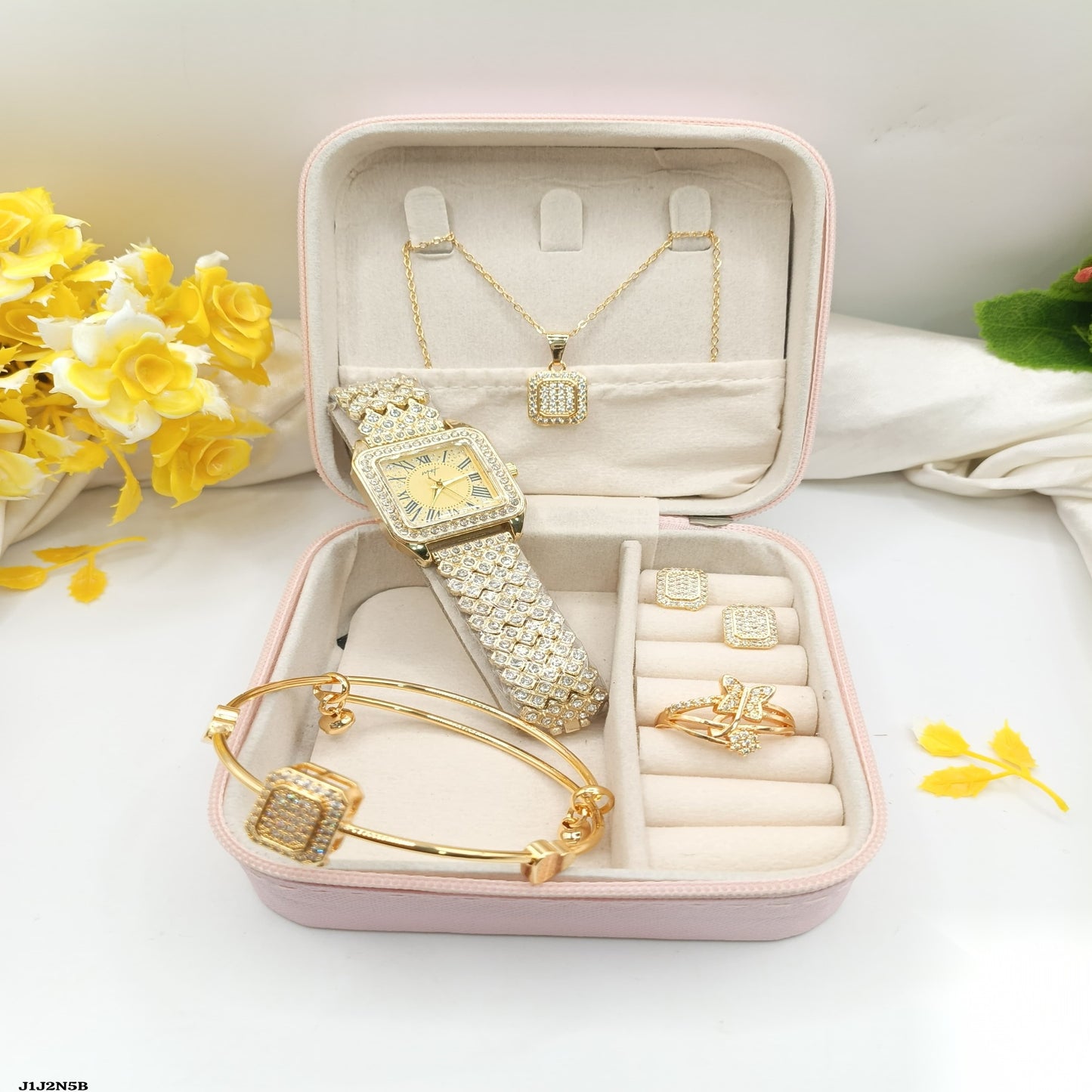 Royal 5-Piece Women's Diamond-Cut Gold Watch & Jewelry Gift Set – Full Crystal Edition (with Premium Pink Box)