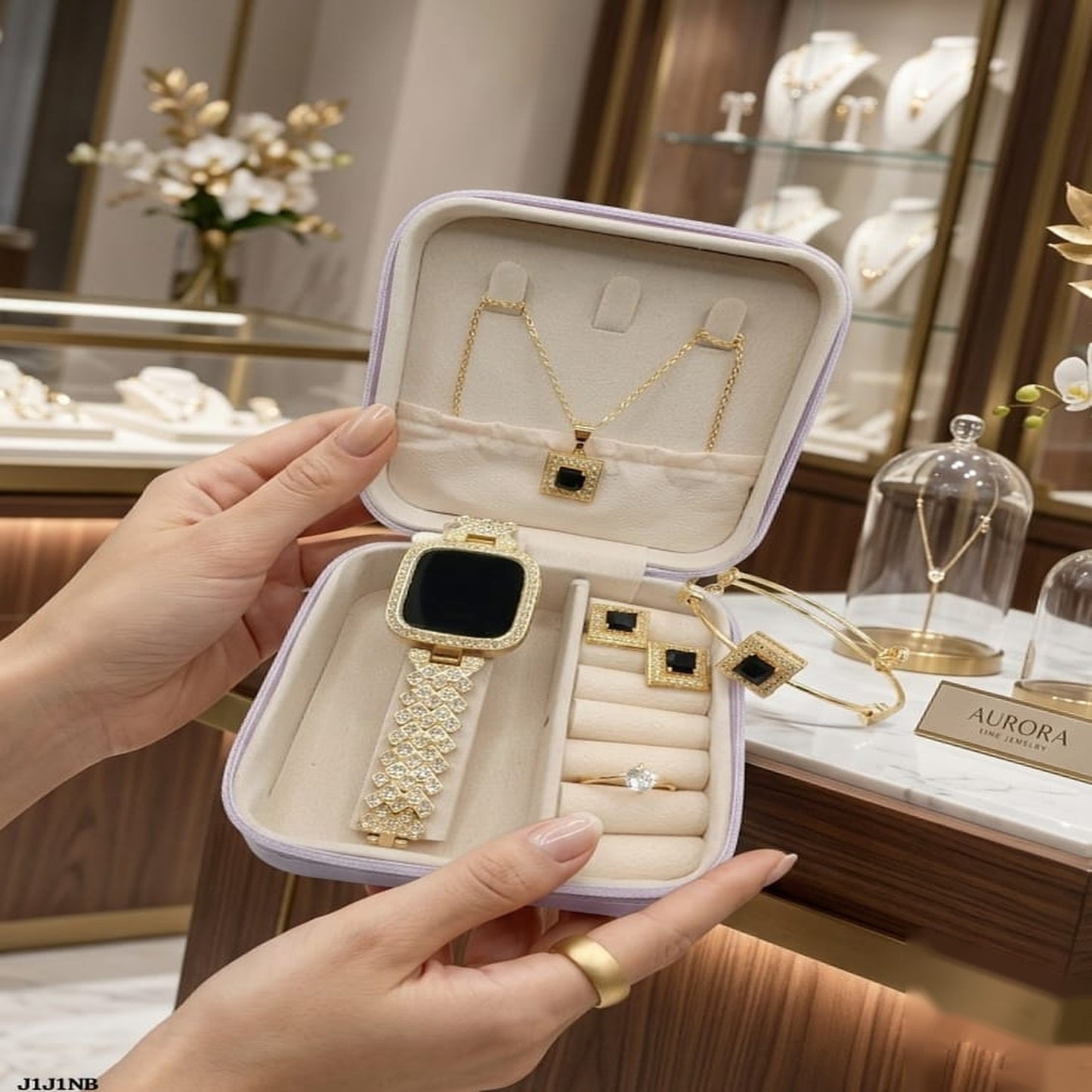 Luxury 5-Piece Women's Rhinestone Watch & Jewelry Gift Set – Gold & Black Edition (with Premium Box)