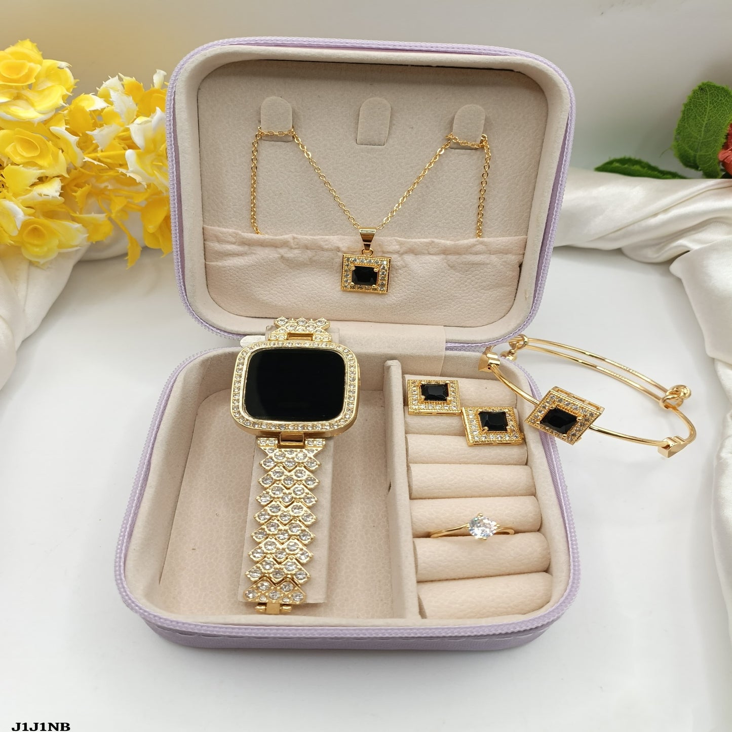 Luxury 5-Piece Women's Rhinestone Watch & Jewelry Gift Set – Gold & Black Edition (with Premium Box)