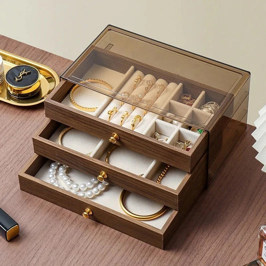 Luxury 3-Layer Wooden & Acrylic Jewelry Organizer Box – Velvet-Lined Rings, Bracelets & Necklace Storage