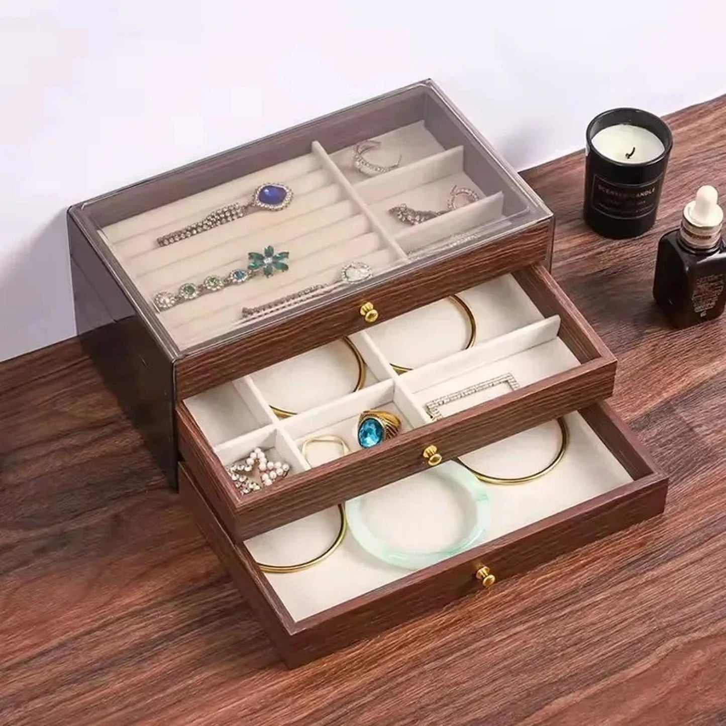 Luxury 3-Layer Wooden & Acrylic Jewelry Organizer Box – Velvet-Lined Rings, Bracelets & Necklace Storage