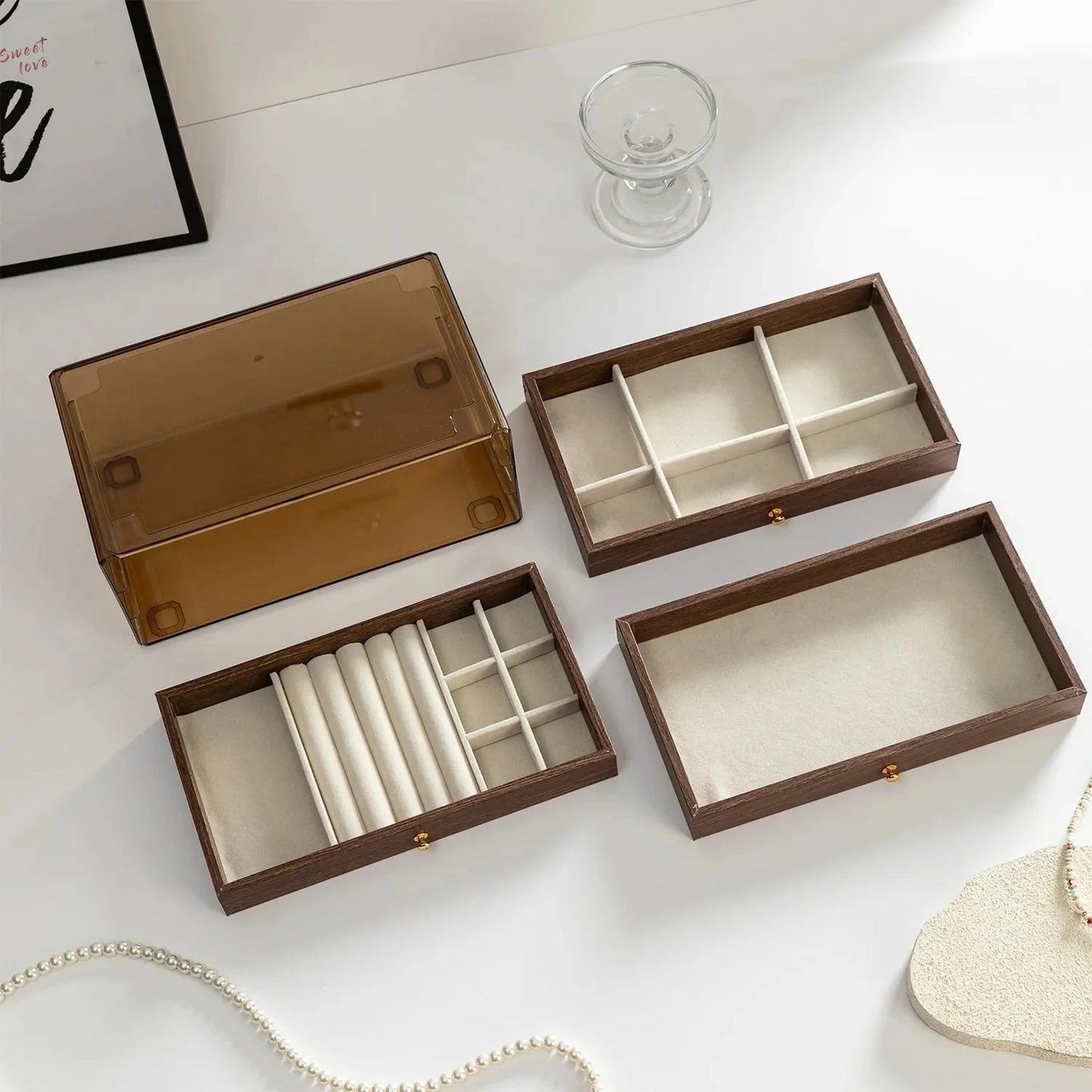 Luxury 3-Layer Wooden & Acrylic Jewelry Organizer Box – Velvet-Lined Rings, Bracelets & Necklace Storage