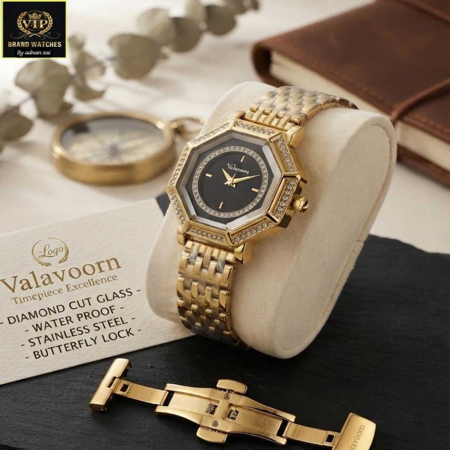 Vavavoom Luxury Gold & Black Octagonal Dial Watch for Women