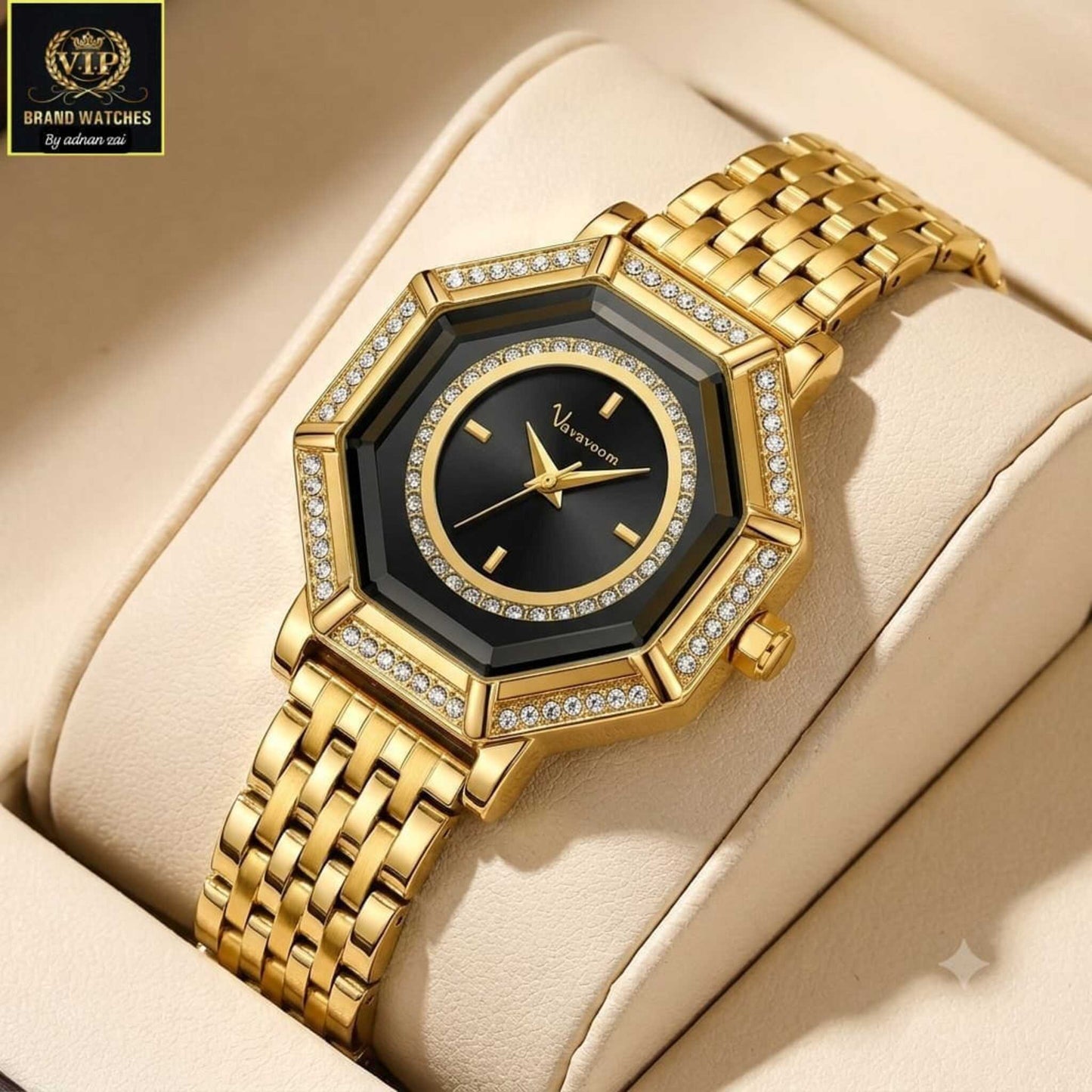 Vavavoom Luxury Gold & Black Octagonal Dial Watch for Women