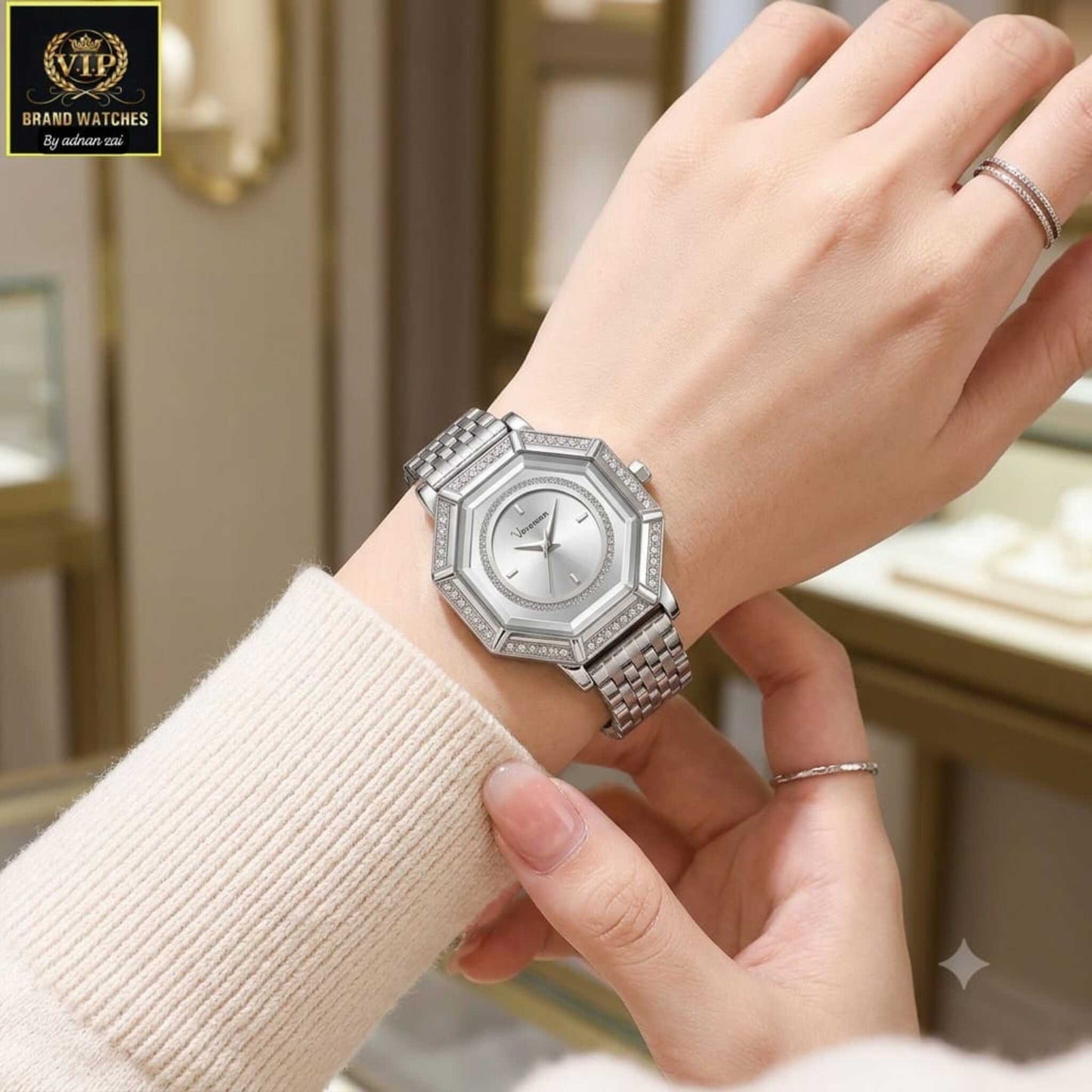 Vavavoom Elegant Full Silver Octagonal Dial Watch for Women