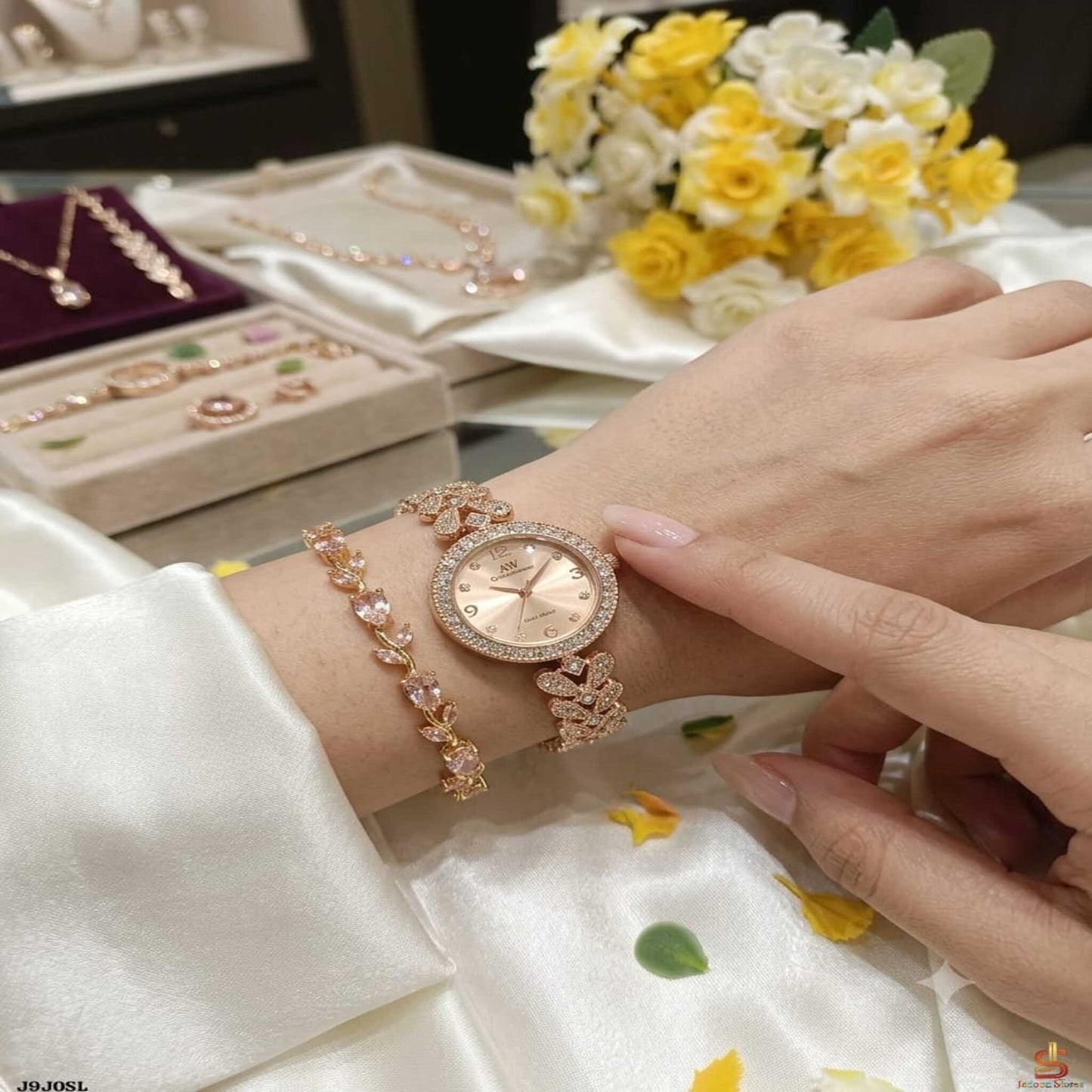 Luxury Rose Gold Watch & Matching Crystal Bracelet Combo for Women