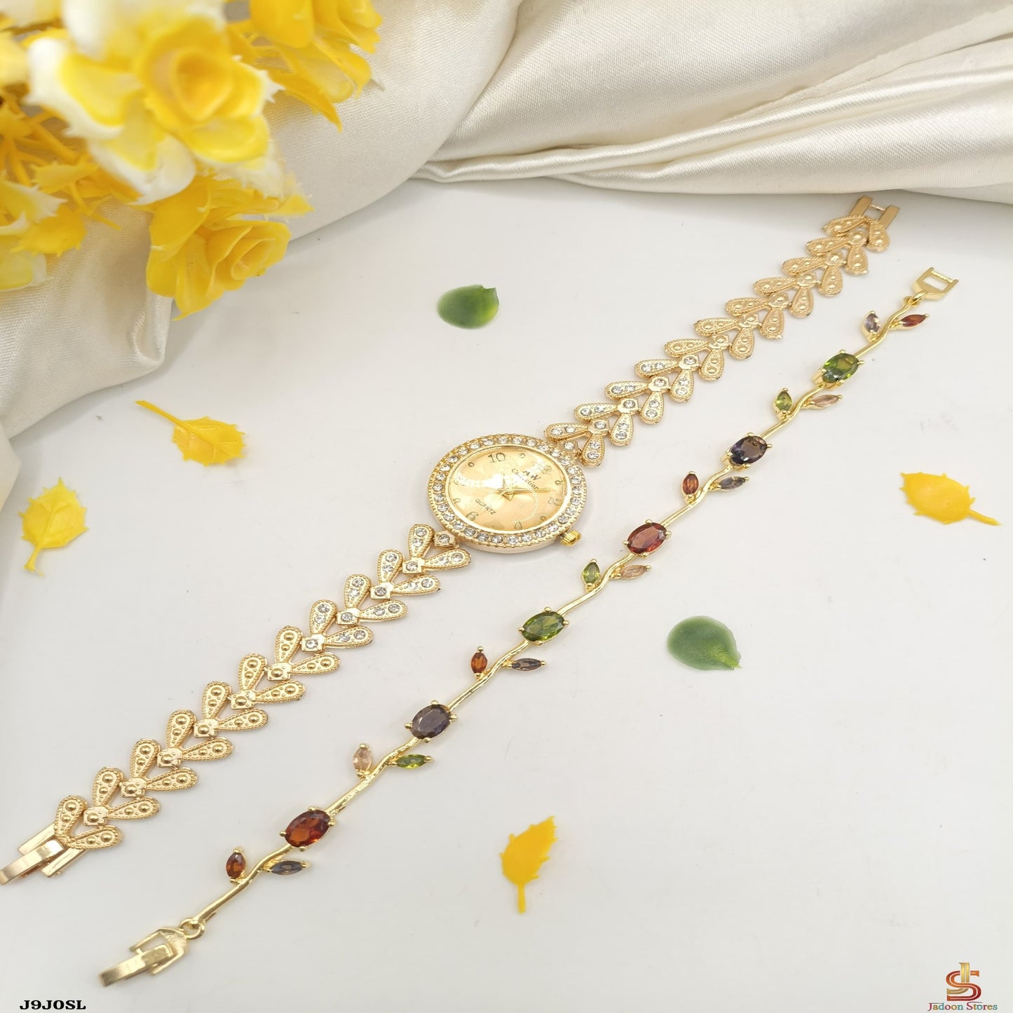 Elegant Golden Watch & Colorful Stone Bracelet Combo Set