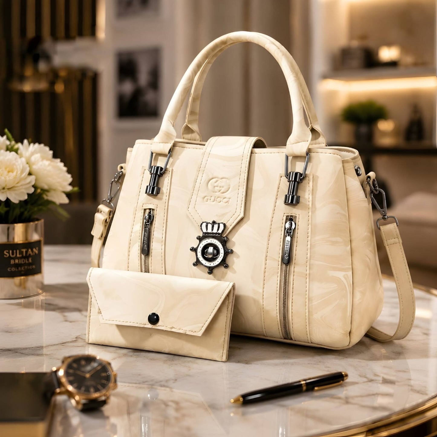 Premium Luxury Top-Handle Handbag with Matching Wallet – Elegant 2-Piece Set for Women