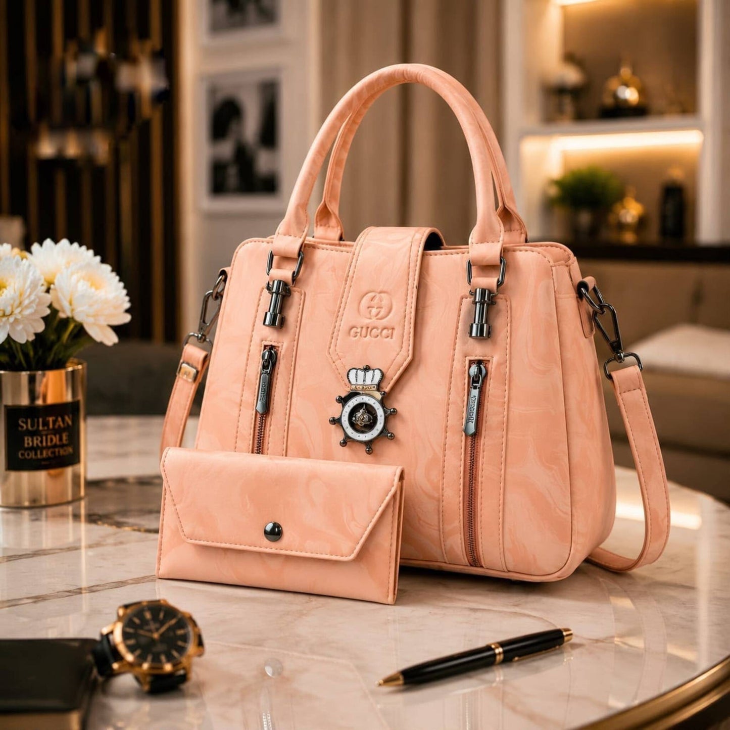 Premium Luxury Top-Handle Handbag with Matching Wallet – Elegant 2-Piece Set for Women