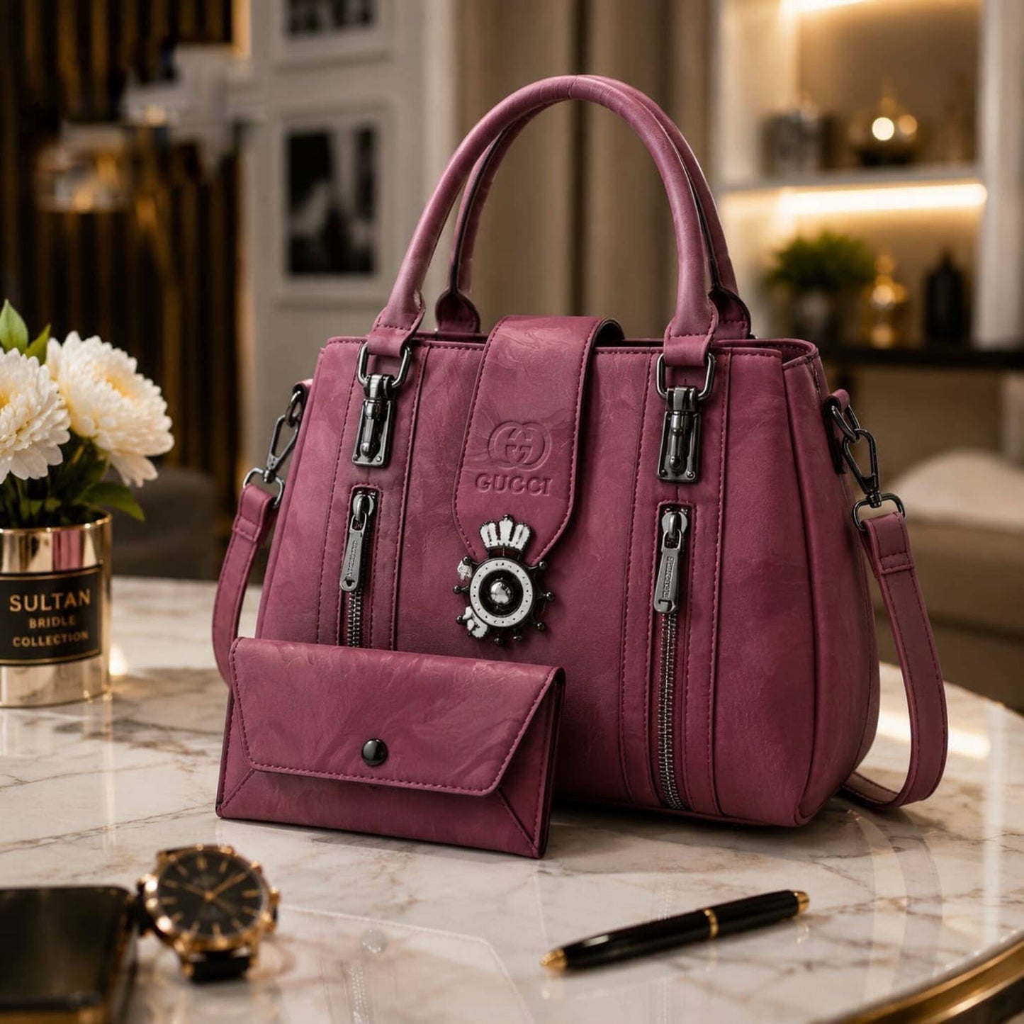 Premium Luxury Top-Handle Handbag with Matching Wallet – Elegant 2-Piece Set for Women