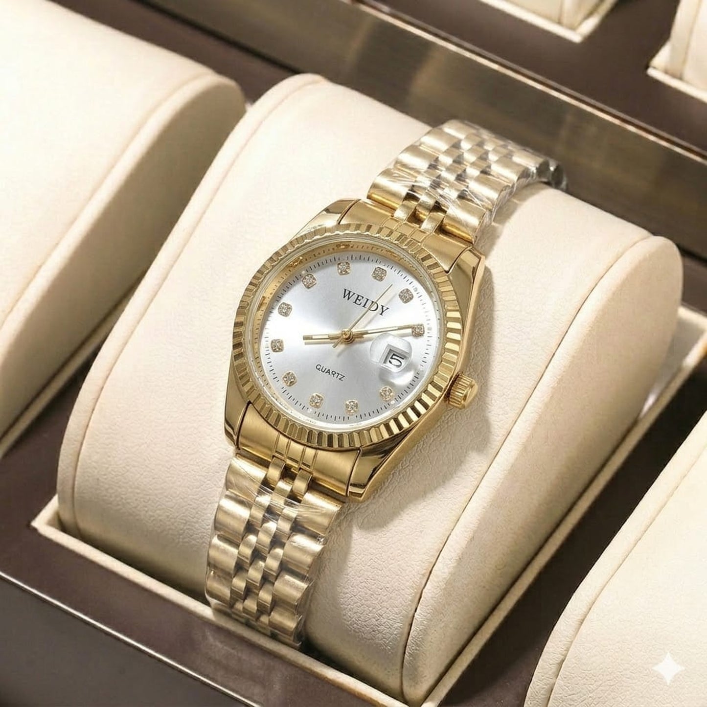 WEIDY Luxury Gold Quartz Watch for  Women – Date Display & Diamond Dial