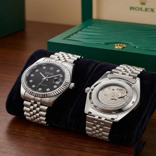 Classic Silver Automatic Watch – Black Textured Dial with Fluted Bezel