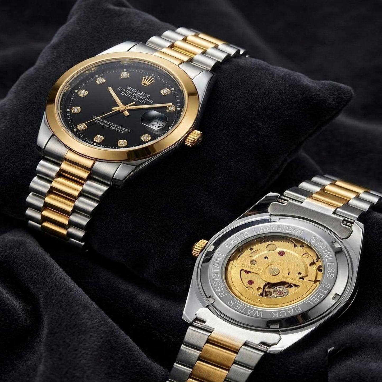 Luxury Two-Tone Automatic Watch – Black Dial with Diamond-Style Hour Markers