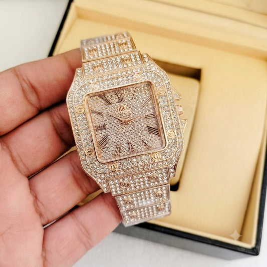 Luxury Rose Gold Iced-Out Diamond Watch for Men | Square Roman Dial – Mirror Glam
