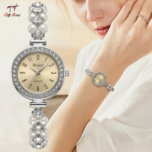 Bomei Elegant Women’s Quartz Bracelet Watch with Gold Dial, Pearls, and Crystals