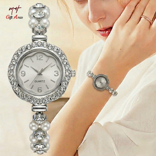 Elegant Women’s Quartz Bracelet Watch with Pearl & Crystal Accents