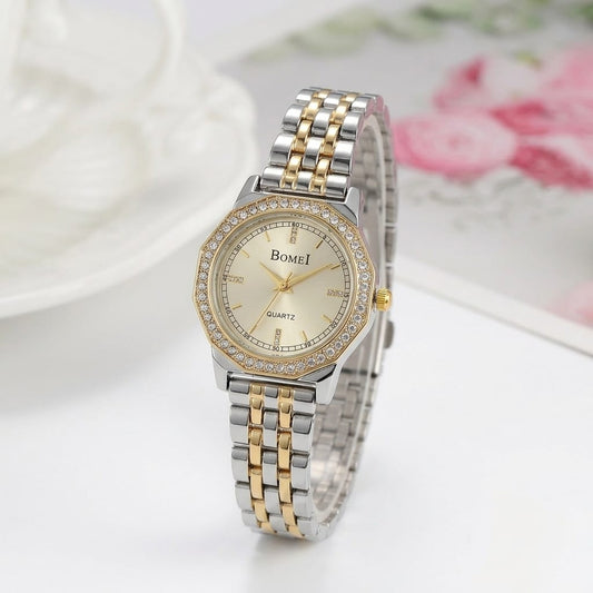 BomeI Luxury Two-Tone Quartz Watch for Women – Silver & Gold Elegant Rhinestone Wristwatch